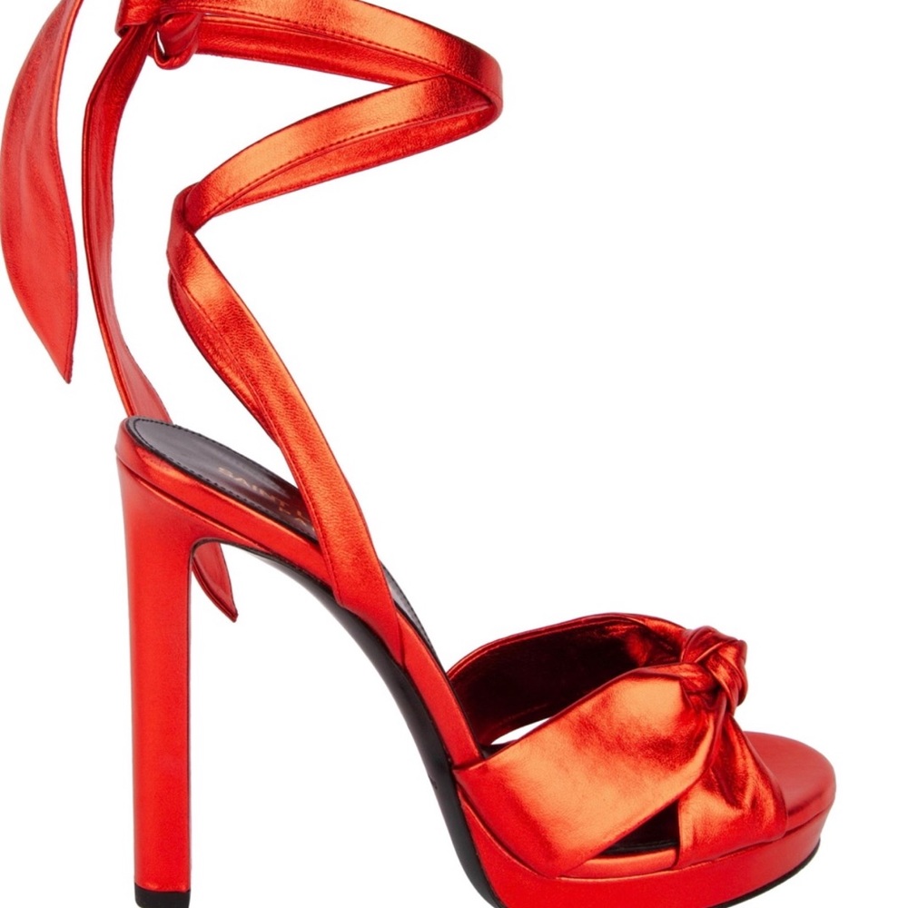 New in box -SAINT LAURENT  Nappa Silk metal red ankle wrap sandals size 37